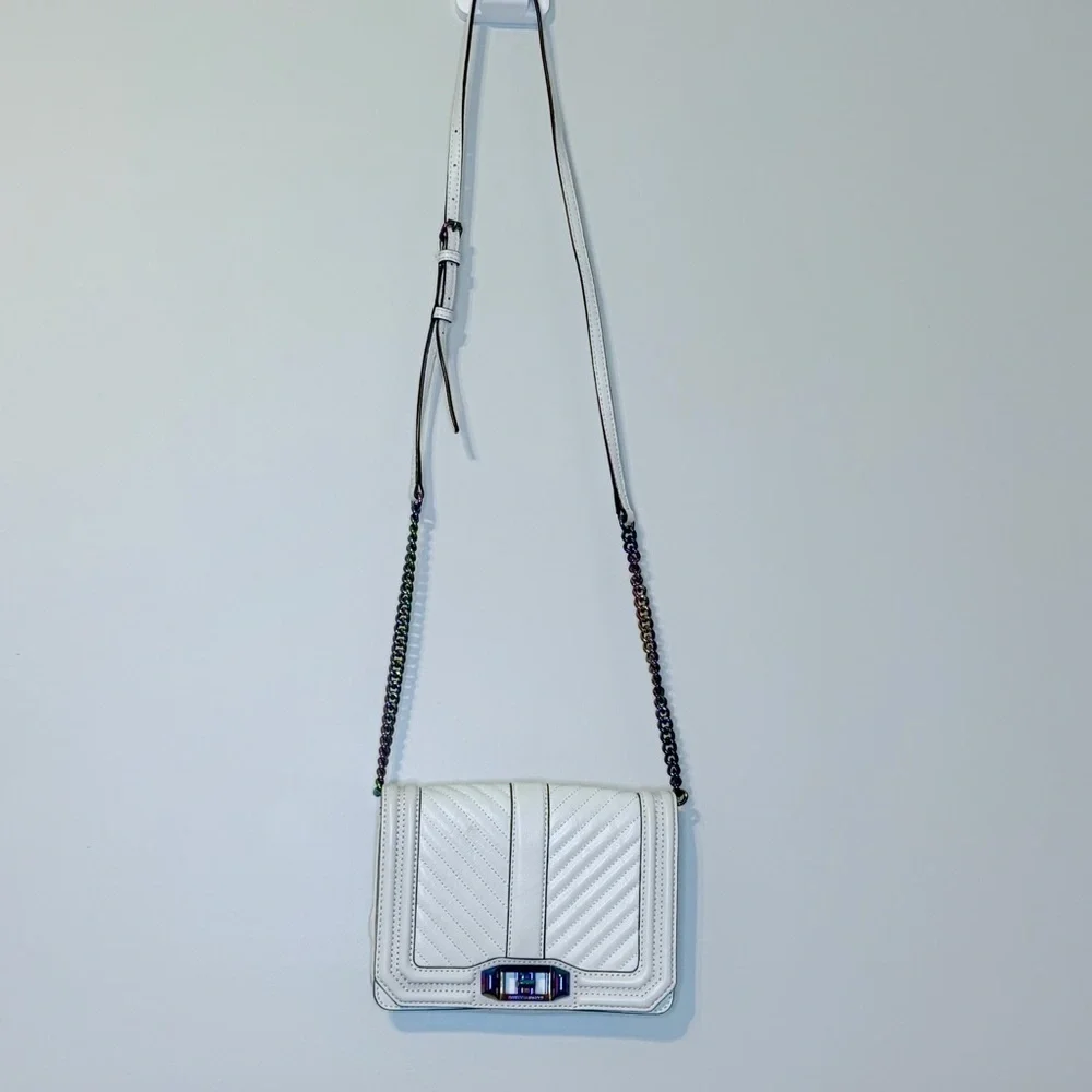 Rebecca Minkoff Ivory Chevron Quilted Small Love Crossbody with Iridescent metal